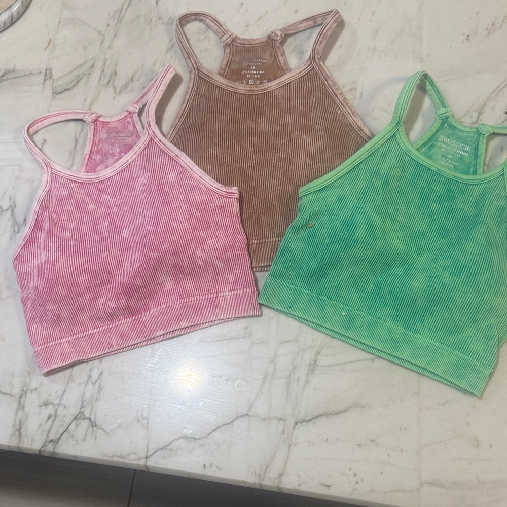 Zenana Outfitters Ribbed Crop Tops in Pink, Brown, and Green size S/M set of 3 - Picture 4 of 15